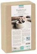 Paket mit Töpferton, unglasiert. Beige Farbe, 5 kg. Abbildung einer Hand, die an einer Töpferscheibe arbeitet. Mehrsprachige Beschreibung auf der Verpackung.