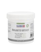 Weißer Behälter mit Schraubverschluss. Inhalt: raffinierte Mangobutter, vegan.