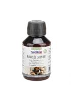 Braune Flasche mit schwarzem Deckel. Etikett in mehreren Sprachen. Inhalt: raffiniertes Mandelöl. Vegan. 100 ml.