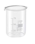 Glasbecher mit einem Fassungsvermögen von 100 ml. Markierungen für 25, 50, 75 und 100 ml sind sichtbar.