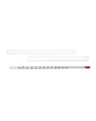 Ein Thermometer mit einer roten Flüssigkeit. Es liegt neben zwei transparenten Röhren.