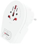 weißer Steckdosenadapter mit mehreren Steckplätzen. Auf der Vorderseite sind rote Kontakte sichtbar. Beschriftung: 'Adapter does not convert voltage'.