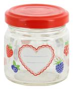 Glasgefäß mit rotem Deckel. Verziert mit bunten Fruchtmotiven und einem herzförmigen Etikett.