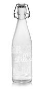 Glasflasche mit einem Bügelverschluss. Beschriftung mit Wasser und H2O.