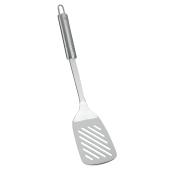 Edelstahl-Spatel mit flacher, rechteckiger Kelle. Löcher in der Kelle für das Abtropfen von Flüssigkeiten. Langer, ergonomischer Griff.