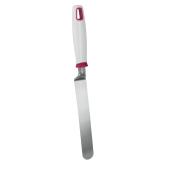 Edelstahlpalette mit einem weißen Griff und pinken Akzenten. Flache, breite Klinge für das Verteilen von Lebensmitteln.