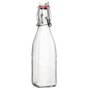 Klare Glasflasche mit einem weißen, drehbaren Verschluss. Sie hat eine schmale Form.