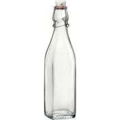 Durchsichtige Glasflasche mit einem Drahtverschluss. Schlankes, einfaches Design.
