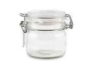 transparentes Glasgefäß mit einem Metallverschluss. Rund und bauchig geformt. Ideal für Aufbewahrung.