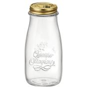 Glasflasche mit goldenem Schraubdeckel. Auf der Flasche steht 'Quattro Stagioni'. Form ist bauchig und schmal nach oben.