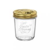 Glasgefäß mit goldenem Schraubdeckel. Beschriftung 'Quattro Stagioni'. Klare, transparente Farbe.