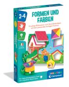 Spielverpackung mit dem Titel 'Formen und Farben'. Enthält bunte Formen und Illustrationen von Tieren.