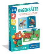 Spielverpackung für Mini-Puzzles mit dem Titel 'Gegensaetze'. Illustrationen von Tieren und Wörtern wie Tag, Nacht, groß und klein.