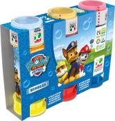Paw Patrol Seifenblasen Set mit vier Behältern in verschiedenen Farben. Auf der Verpackung sind die Charaktere Chase, Marshall und Rubble abgebildet.