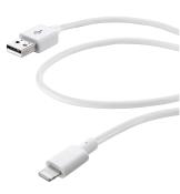 Weißes USB-Kabel mit einem USB-A-Anschluss und einem Lightning-Anschluss. Das Kabel ist glatt und hat eine mittlere Länge.