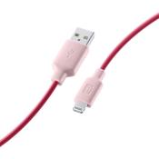 Rosa USB-Kabel mit einem pinken Stecker. Der andere Stecker ist ein Lightning-Anschluss.