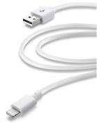 Weißes USB-Ladekabel mit einem USB-Anschluss und einem Lightning-Anschluss. Das Kabel ist glatt und flexibel.