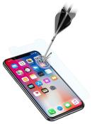 Smartphone mit einer transparenten Displayschutzfolie. Ein Pfeil trifft die Folie. Icons und Apps auf dem Bildschirm sichtbar.