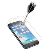 Smartphone mit einer Schutzfolie. Ein Pfeil trifft die Folie, die einen Aufprall zeigt. Icons auf dem Bildschirm sichtbar.