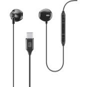 Schwarze In-Ear Kopfhörer mit USB-C Anschluss. Mit Lautstärkeregler und Mikrofon.