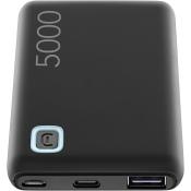Schwarze Powerbank mit einer Kapazität von 5000 mAh. Zwei Anschlüsse, einer USB-C und einer USB-A.