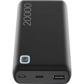 schwarzer Powerbank mit einer Kapazität von 20000 mAh. Zwei Anschlüsse für das Laden von Geräten.