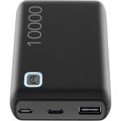 Schwarze Powerbank mit einer Kapazität von 10000 mAh. Sie hat einen USB-Anschluss und zwei Typ-C-Anschlüsse.
