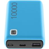 blauer Powerbank mit einer Kapazität von 10000 mAh. Zwei USB-Anschlüsse und ein USB-C-Anschluss.