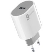 Weißes Ladegerät mit USB-Anschluss. Kompakte Form mit grauer Oberseite.