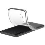 Schwarzes Smartphone mit einer transparenten Schutzhülle. Die Hülle ist leicht gebogen und schützt die Rückseite.