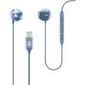 Blaue Ohrhörer mit USB-C Anschluss. Mit Steuerungstasten am Kabel.