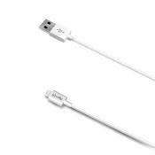 Weißes USB-Kabel mit einem USB-Anschluss auf der einen Seite und einem Lightning-Anschluss auf der anderen Seite. Das Kabel ist gerade und hat eine glatte Oberfläche.