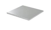 Flache, quadratische Platte aus silberfarbenem Material. Die Oberfläche ist glatt und glänzend.