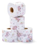 Vier Rollen Toilettenpapier. Buntes, verspieltes Design mit Figuren, Regenbögen und Blumen. Helle Farben auf weißem Hintergrund.