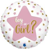 Runde Folienballon mit pinkem Stern. Aufschrift 'boy or Girl?' in gold.