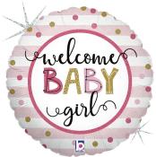 Runde Folienballon mit dem Aufdruck 'welcome baby girl'. Rosa und goldene Farben mit Streifen und Punkten.