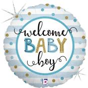 Runde Folienballon mit dem Schriftzug 'welcome BABY boy'. Blau-weiße Streifen und goldene Punkte.