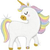 Plüsch-Einhorn mit buntem, gewelltem Horn und Mähne. Das Einhorn hat einen freundlichen Gesichtsausdruck.