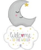 Grauer Mond mit Gesicht und gelbem Stern. Wolke mit dem Text 'Welcome to the World'.