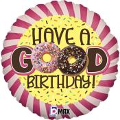 Runde Geburtstagsballon mit bunten Donuts. Aufschrift: 'Have a Good Birthday!'