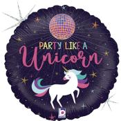 Runde Folienballon mit dem Aufdruck 'Party like a Unicorn'. Abgebildeter Einhorn mit buntem Schweif und einer Discokugel im Hintergrund.