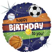 Runde Geburtstagsballon. Bunte Streifen in Blau, Orange und Grün. Sportmotive: Fußball, Basketball, Tennis, Golf und Baseball. Text: 'happy BIRTHDAY to you!'