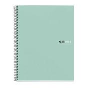 grünes Spiralnotizbuch mit schwarzem Logo. Das Cover ist schlicht und unbeschriftet.