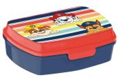 Bento-Box mit buntem Deckel. Abgebildete Hundefiguren: ein brauner Hund mit gelbem Hut, ein Dalmatiner mit rotem Hut, ein Schäferhund mit blauem Hut. Streifenmuster in verschiedenen Farben.