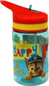 Wasserflasche mit rotem Deckel und buntem Design. Abgebildeter Hund mit Polizeihut und der Schriftzug 'HAPPY'.