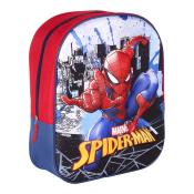 Rucksack mit Spider-Man Motiv. Hauptfarbe rot und blau, Comic-Hintergrund.