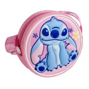 Runde pinke Tasche mit einem blauen Charakter. Der Charakter hat große Augen und sitzt mit einem freundlichen Ausdruck.