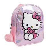 Rosa Rucksack mit einem glitzernden Obermaterial. Auf der Vorderseite ist eine Hello Kitty Figur abgebildet.