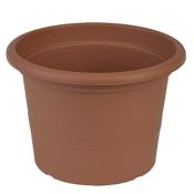 Brauner Blumentopf aus Kunststoff. Rund und ohne Muster.