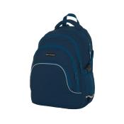 Dunkelblauer Rucksack mit mehreren Fächern und Reißverschlüssen. Tragegriffe und gepolsterte Rückseite.